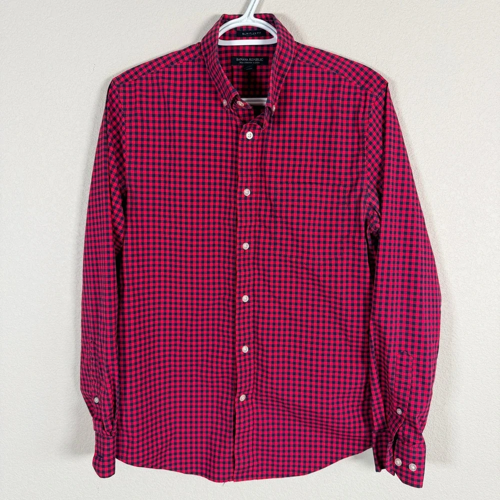 Banana Republic Slim Flex Fit Button‎ Down Shirt Mens S Red Blue Gingham Stretch